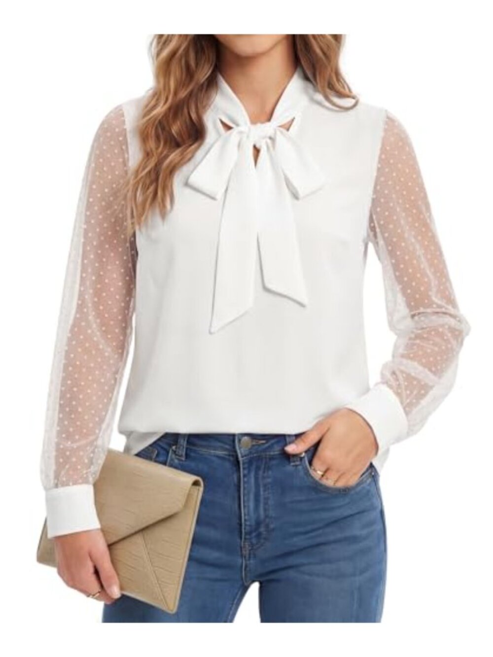 Women's Polka Dot Mesh Long Sleeve Blouse Bow Tie Collar Office Wear Top